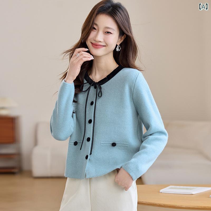 ニット カーディガン レディース 小柄 ショート丈 トップス 羽織り 早秋 アウター ニットカーディガン 飄帯付き 秋冬 上着