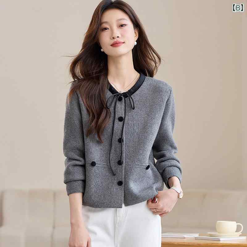 ニット カーディガン レディース 小柄 ショート丈 トップス 羽織り 早秋 アウター ニットカーディガン 飄帯付き 秋冬 上着