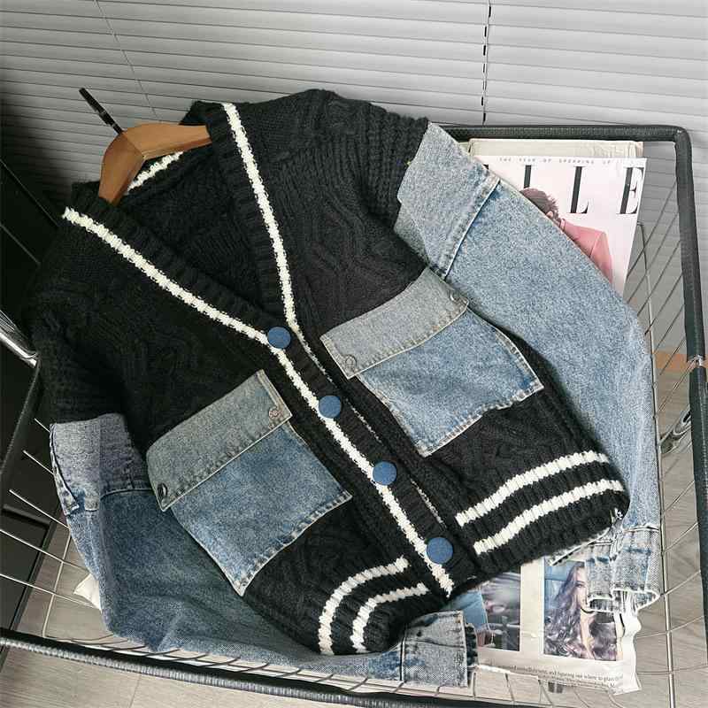 Three-Quarter Knit - ニット カーディガン レディース 秋冬 デニム 切り替え デザイン 厚手 ゆったり 暖か カジュアル 普段使い かわいい2