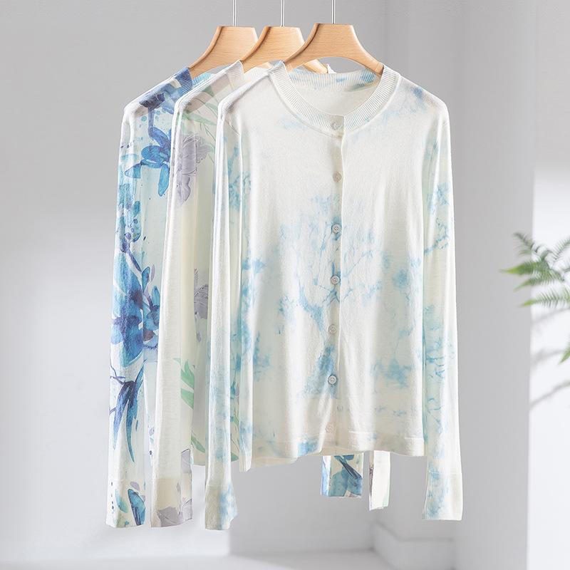 Long-Sleeved Knit - カーディガン レディース 春物 アート感 彩绘プリント 羊毛 ニットカーディガン 柔らかい 滑らか