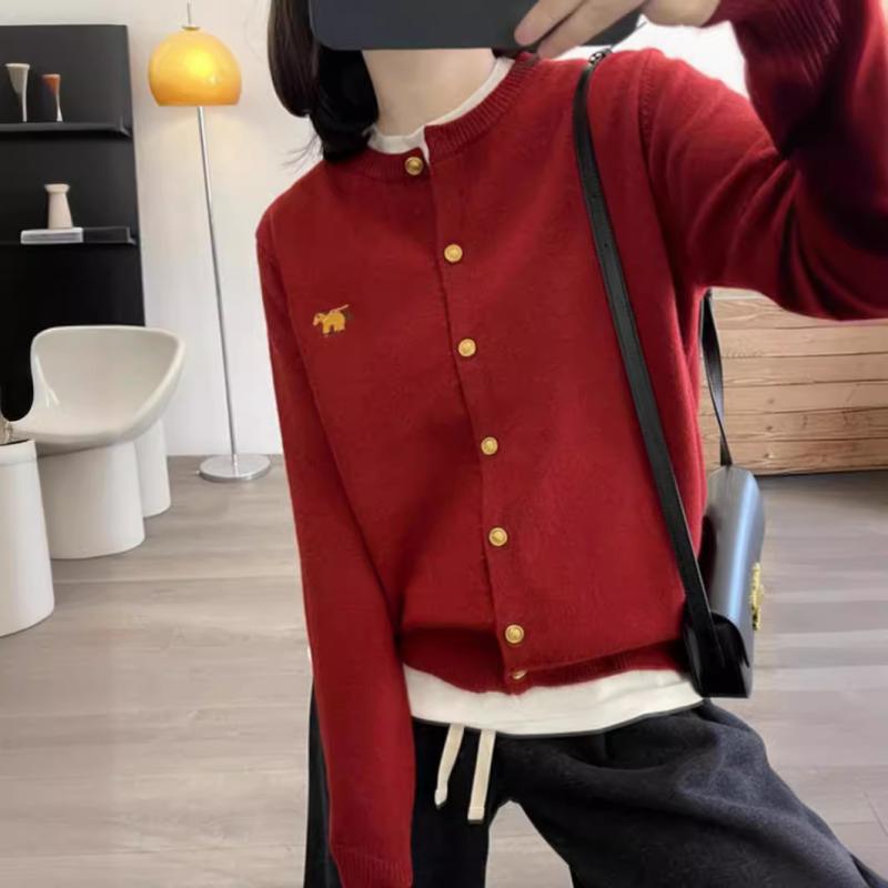 ニット カーディガン レディース ゆったり 刺繍 赤色 カシミヤ タッチ 本命年 セーター アウター ウール 暖かい 防寒 秋冬 おしゃれ かわいい 羽織り カジュアル