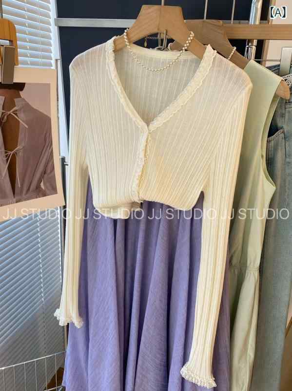 ニット レディース 薄手 カーディガン レース 花柄 切り替え Vネック ウール 羊毛 修身 きれいめ かわいい 韓国風