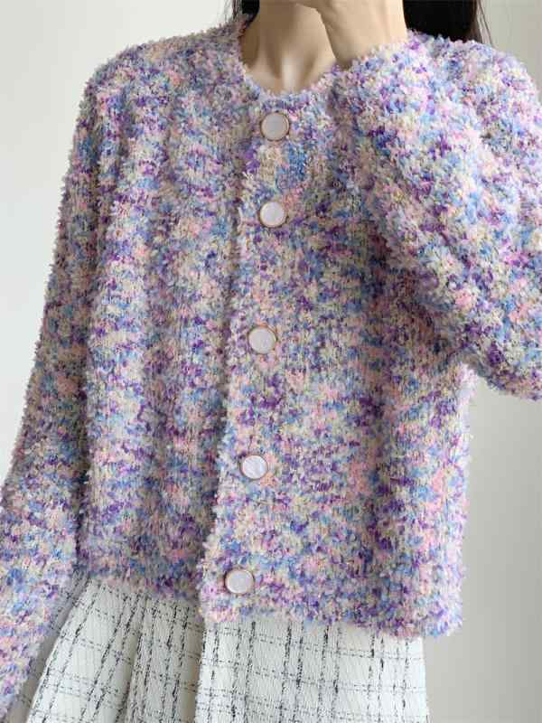 カーディガン レディース 秋冬 ニット トップス 接触冷感 伸縮性 パープル系 小香風 アウター 羽織り 紫外線対策 普段使い デート