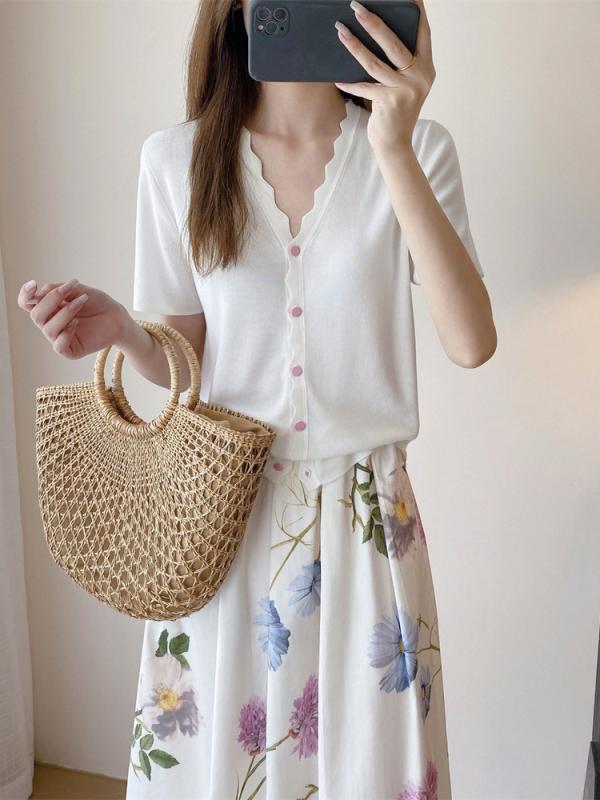 カーディガン レディース シルク 花柄 レース Vネック ニット トップス スリム 半袖 接触冷感 高級感 普段使い