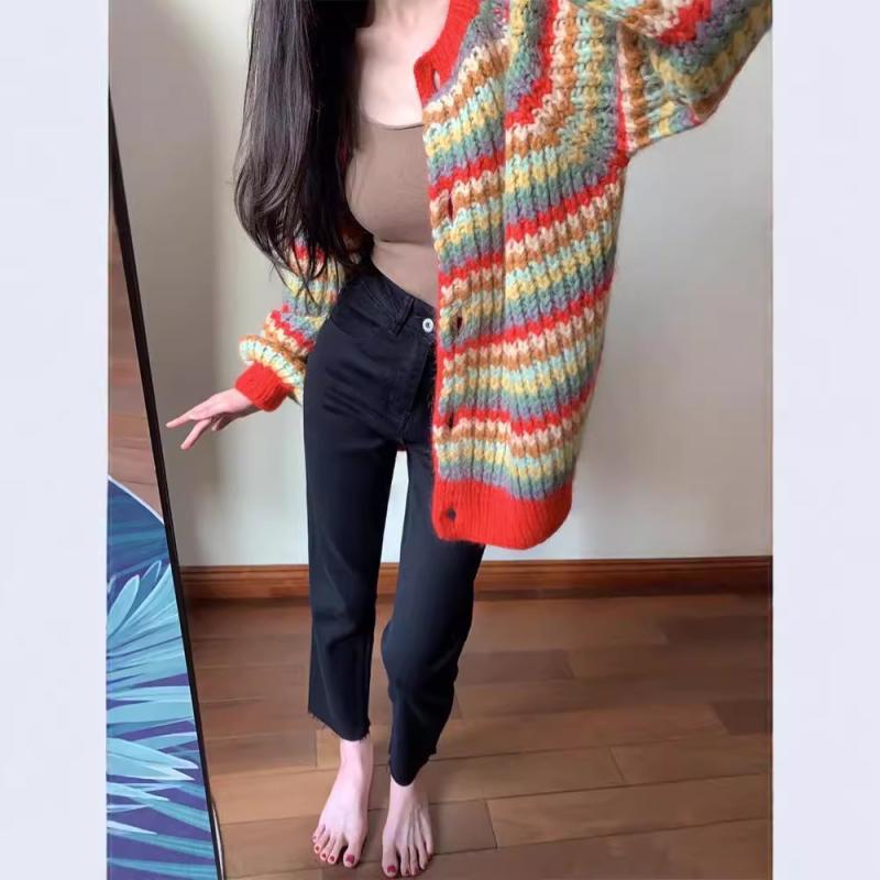 ニットカーディガン レディース 秋冬 クラシック レトロ 配色 ストライプ 虹色 手編み ゆったり リラックス 羽織り かわいい2