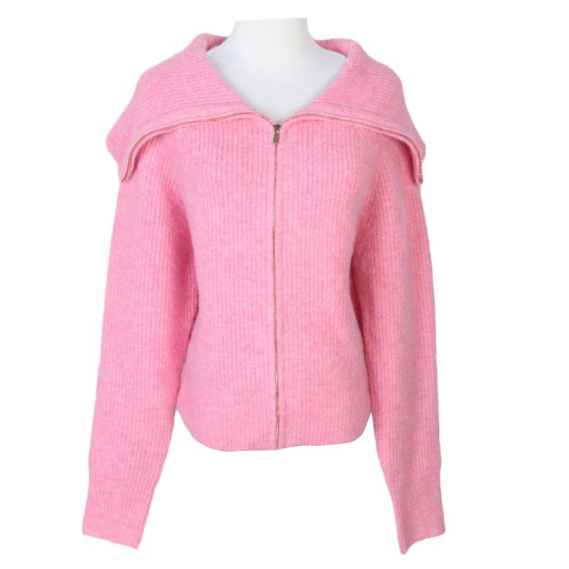 ニット レディース カーディガン 厚手 ウール 襟付き ピンク系 トップス アウター 羽織り かわいい ガーリー フェミニン 秋冬