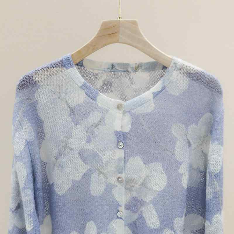 カーディガン レディース 羊毛 ニット 薄手 水彩 バタフライ柄 ラウンドネック 暖かい 柔らかい