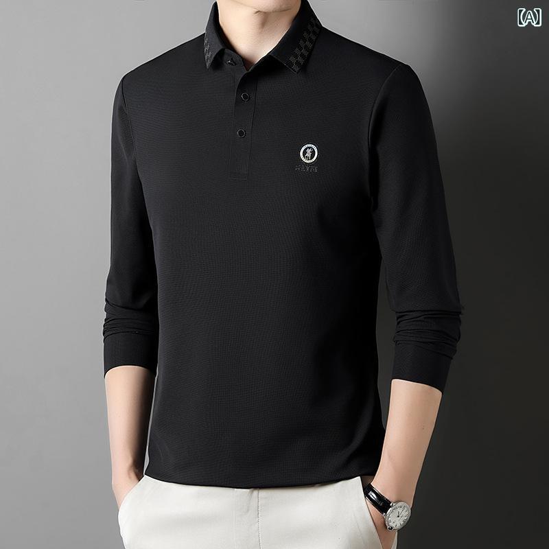 Tシャツ メンズ 男性用 長袖 トップス 中青年向け 韓国風 ファッション 無地 ポロ襟 スタイリッシュ カジュアル