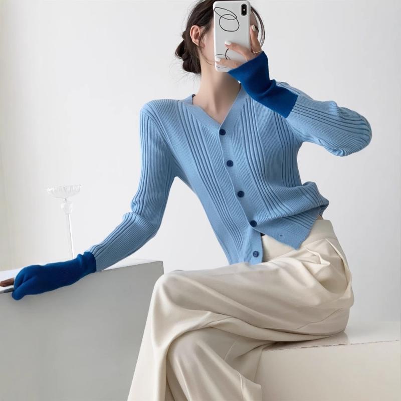 ニット レディース 秋冬 Vネック カーディガン ゆったり 大きめ 韓国風 配色 トップス 婦人服 きれいめ かわいい 高見え 高級感 エレガント