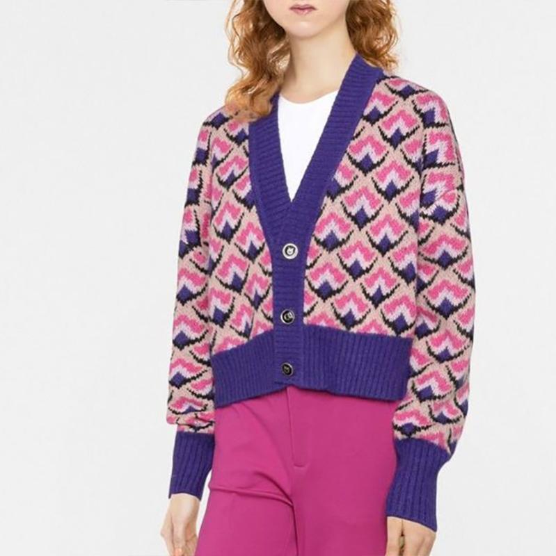 カーディガン レディース Vネック 長袖 切り替え ジャガード ショート丈 ニット トップス 羽織りもの 法式 秋冬