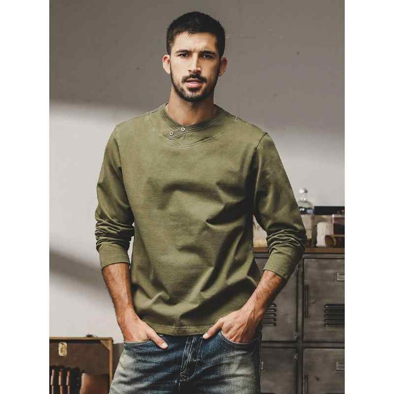 T-Shirts - Tシャツ 男性用 春秋 長袖 ヘンリーネック トップス カットソー 綿100% 厚手 シンプル 無地 普段使い