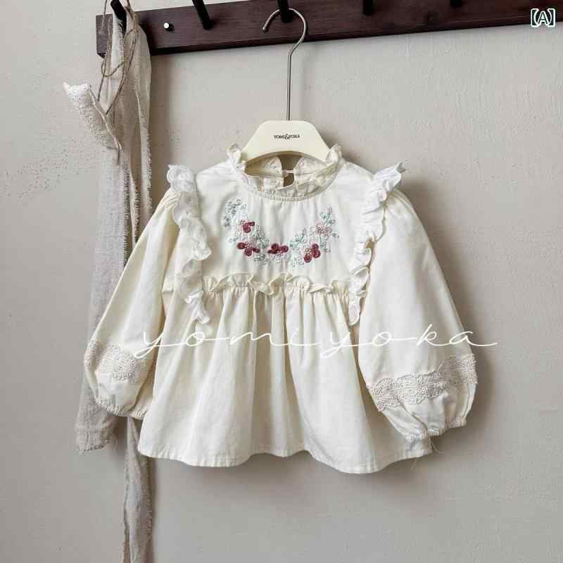 シャツ ガールズ キッズ 子供服 刺繡 襟付きブラウス 長袖 花柄 レース かわいい 上着 ベビー