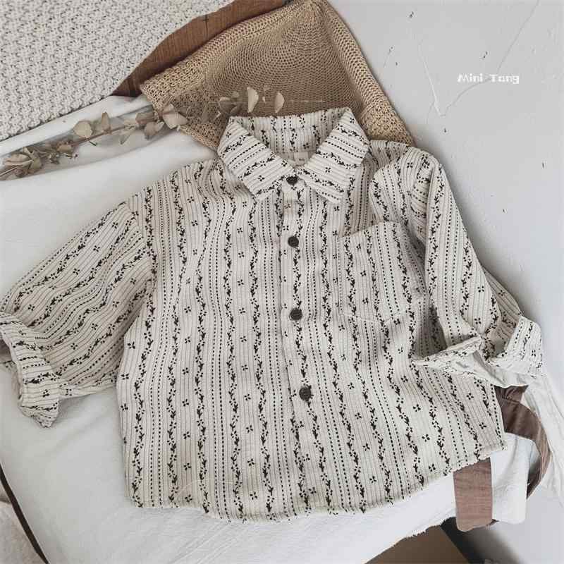 シャツ 子供服 男女兼用 コーデュロイ フラワープリント ストライプ レトロ 春秋