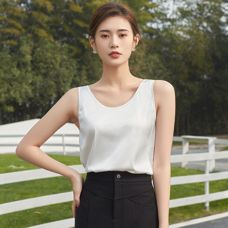タンクトップ レディース 春夏 韓国風 スリム セクシー 通気性 シルク サテン ラウンドネック 無地 ショート丈 トップス インナー キャミソール 接触冷感 伸縮性