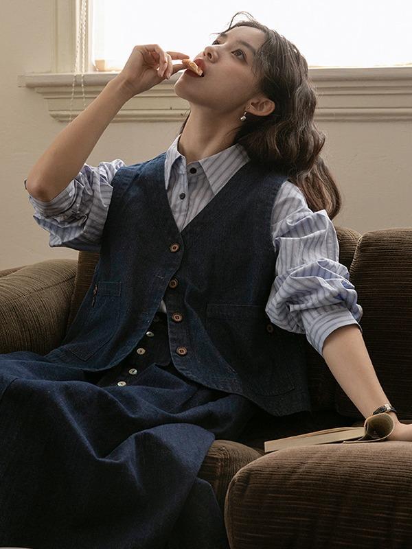 ベスト レディース 秋冬 デニム 重ね着 レイヤード トップス ノースリーブ カジュアル ゆったり 文芸風 レトロ2