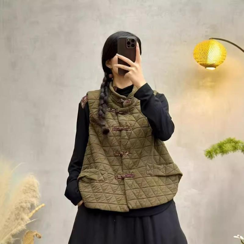 樂天商城 - ベスト レディース 秋冬 レトロ チャイナ風 ゆったり スタンドカラー 中綿入り チョッキ 菱形 キルティング2