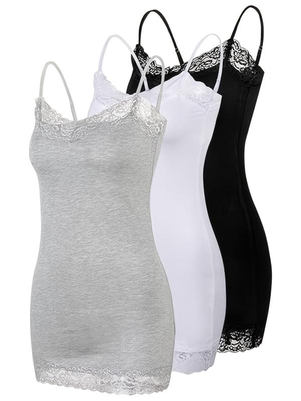 キャミソール レディース レース 切り替え ロング丈 調整可能 細肩紐 レース縁取り