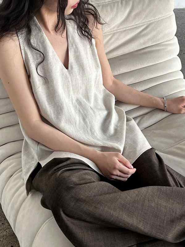 ベスト レディース フレンチリネン Vネック ホルターネック トップス リゾート スタイル サマーニット Tシャツ 麻混 小衫