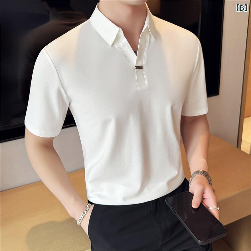 ポロシャツ メンズ 男性用 半袖 伸縮性 襟付き Tシャツ アンダーシャツ 無地 プレーン 薄手 スリムフィット 接触冷感