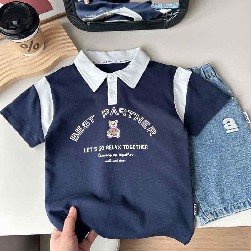 子供服 男の子 半袖 ポロシャツ トップス 切り替え プリント コットン 通園 通学 普段着 かわいい カジュアルスタイル