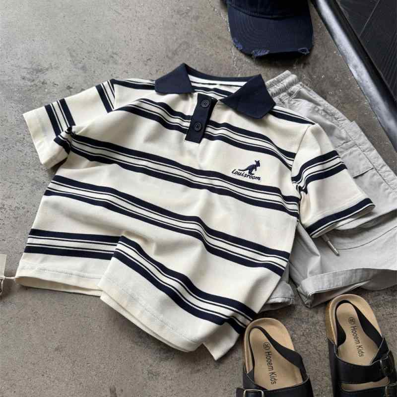 2ポロシャツ キッズ 男の子 子供服 半袖 トップス ストライプ柄 薄手 短T アメカジ カジュアル