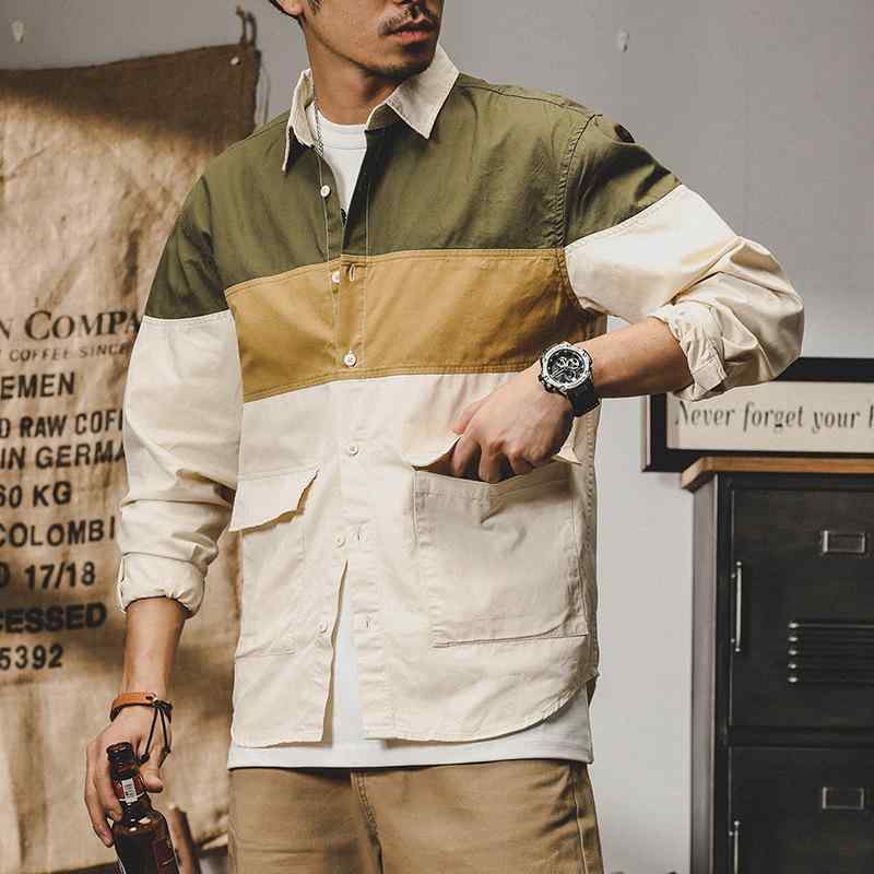 シャツ メンズ 男性用 長袖 ルーズフィット 配色 春秋 シーズン アウター ワークシャツ トップス 普段使い