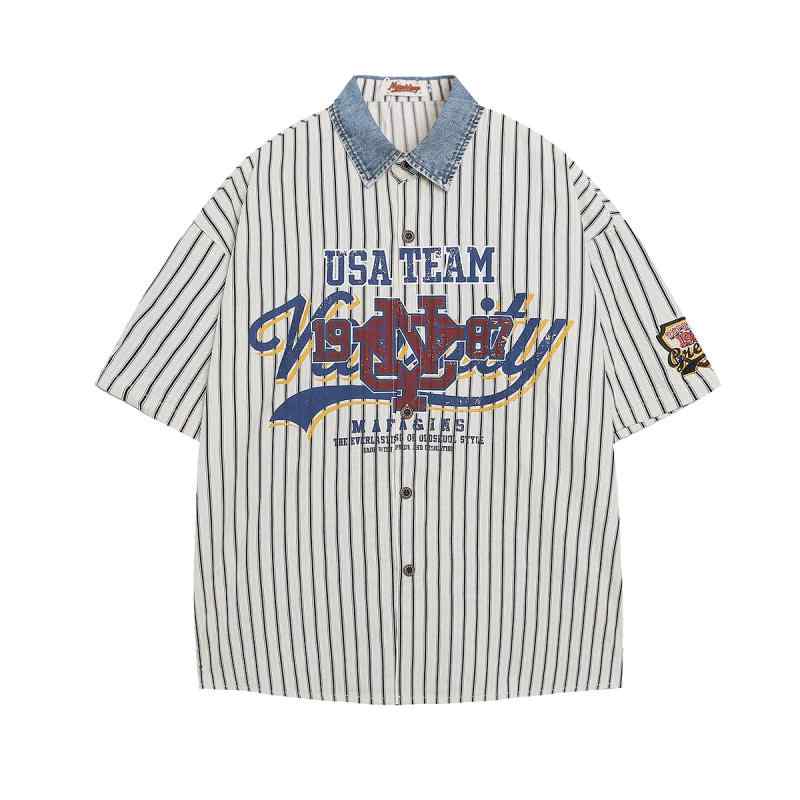 シャツ メンズ 男性用 ストライプ柄 野球シャツ ベースボールシャツ 半袖 ゆったり カジュアル トップス