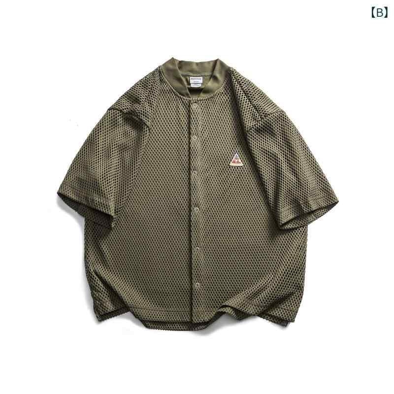 シャツ メンズ 薄手 メッシュ 半袖 ルーズフィット ワークシャツ 野球 トップス カットソー