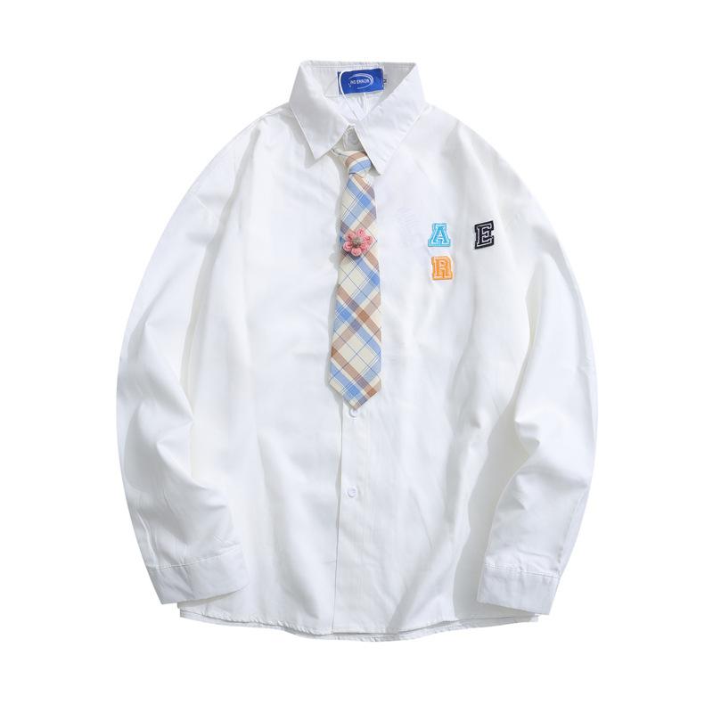 シャツ 男女兼用 カレッジスタイル レトロ 刺繍 長袖 襟付き トップス ゆったり 学生風 カジュアル