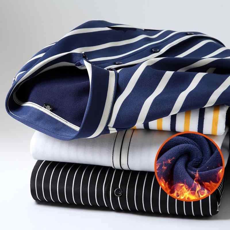 シャツ メンズ 男性用 秋冬 防寒 暖かい 裏起毛 ストレッチ ストライプ シャツ あったか スリム 厚手 トップス2