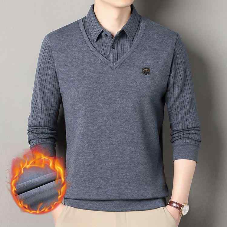 Tシャツ メンズ 男性用 裏起毛 ニット フェイクレイヤード 保温 暖かい ビジネス カジュアル ポロシャツ トップス
