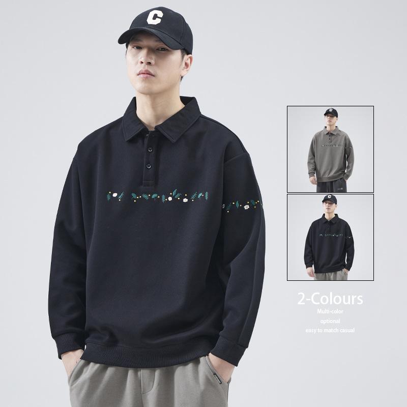 スウェット メンズ ポロシャツ 長袖 秋冬 ゆったり 刺繡 トップス デザイン