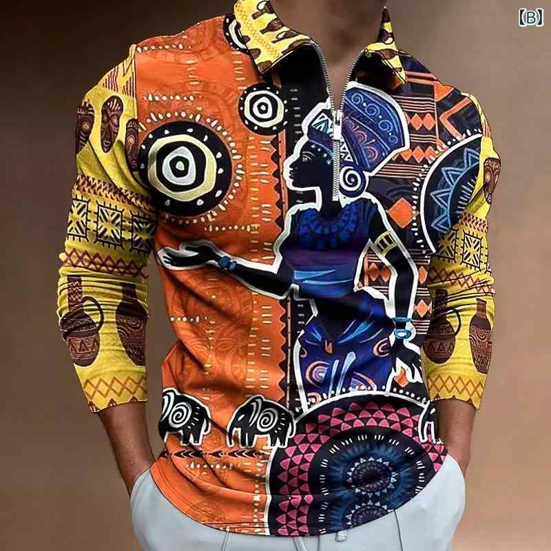ポロシャツ 男性用 アフリカ民族風 長袖 トップス メンズ カットソー ファッション カジュアル スタイル ジッパー