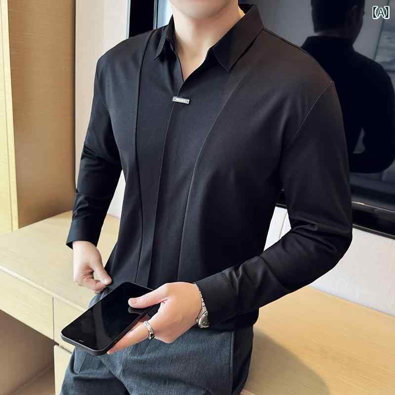 シャツ メンズ 男性用 長袖 トップス 切り替え スリムフィット Vネック ポロシャツ ストレッチ 伸縮性 無地