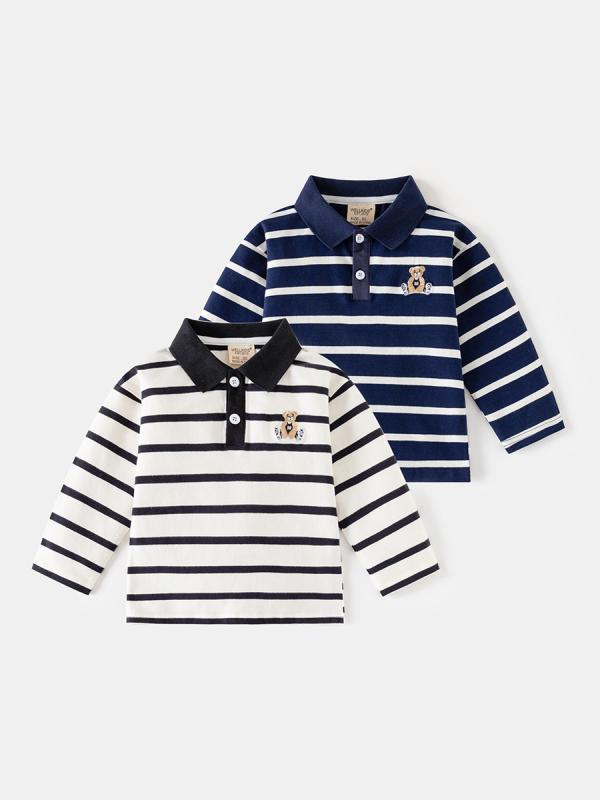ポロシャツ 子供服 男の子 長袖 ストライプ 刺繍 コットン 秋 トップス カットソー ベビー 普段着
