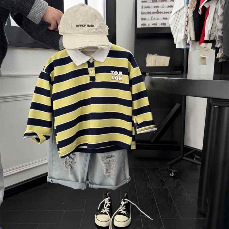 2ポロシャツ キッズ 男の子 ストライプ トップス 長袖 子供服 配色 春秋 かわいい カジュアル