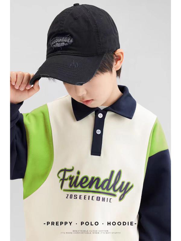 子供服 秋冬 男児 ポロシャツ 長袖 スクール 幼稚園児 キッズ 配色 ゆったり スタンドカラー トレーナ..