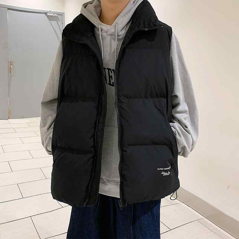 綿入りベスト 男性用 秋冬 韓国風 トレンド スタンドカラー ノースリーブ 綿服 中綿 チョッキ カジュアル 無地 アウター