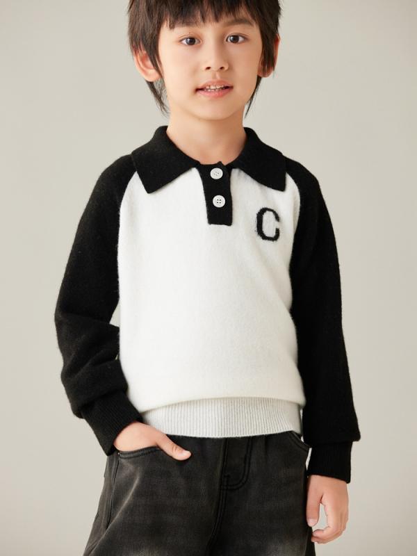 ニット 子供用 シンプル ポロ 襟 ウール 100% プルオーバー 配色 男の子 女の子 インナー 秋冬