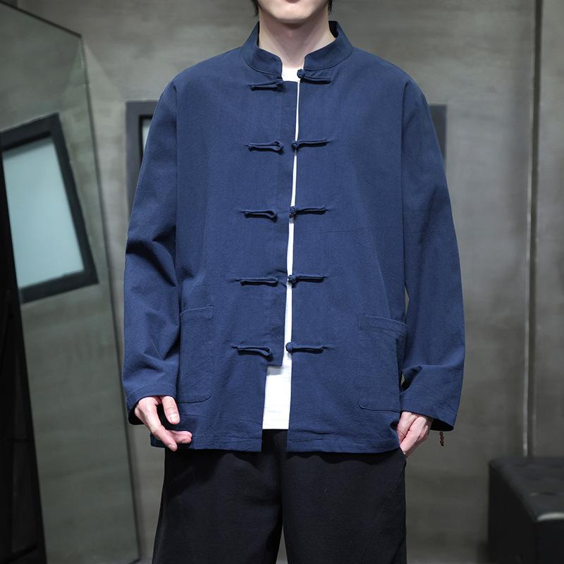 シャツ メンズ 男性用 チャイナ風 レッド 赤色 長袖 トップス 唐装 中山服 春物 スプリング 立ち襟 レトロ モード カジュアル