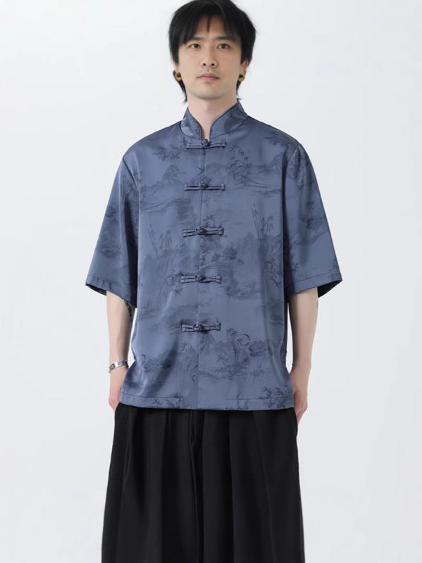 シャツ 男性用 半袖 チャイナ風 唐装 中山装 新中国スタイル 居士服 茶服 仏教 リネン 綿 切り替え