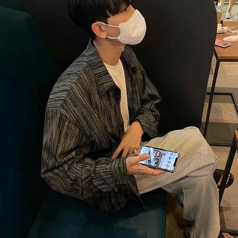 シャツ メンズ 春 韓国風 ストライプ柄 ゆったり 長袖 絞り染め デザイン トップス 羽織り