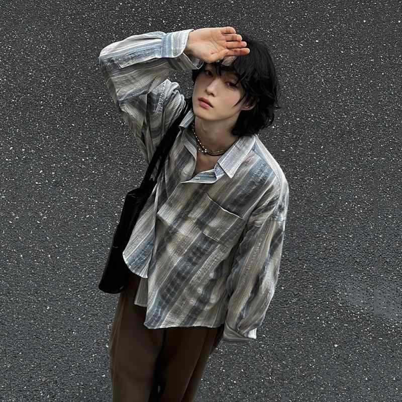 シャツ 男性用 ストライプ柄 カジュアル 普段使い トップス 長袖 襟付き ゆったり 韓国風 秋冬