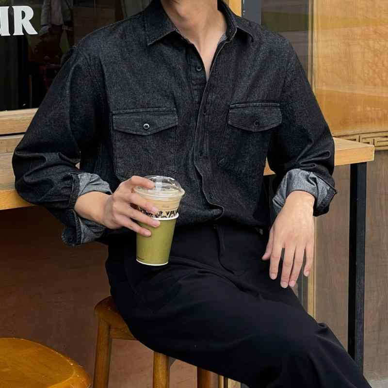 シャツ メンズ 男性用 レトロ ウォッシュド デニム 接触冷感 伸縮性 長袖シャツ アウター 韓国 ファッション ゆったり 高級感