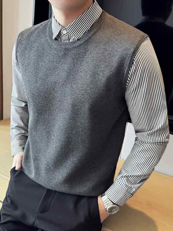 ニット メンズ 男性用 秋冬 シャツ 重ね着風 スリム ストレッチ 質感 ビジネス ストライプ トップス