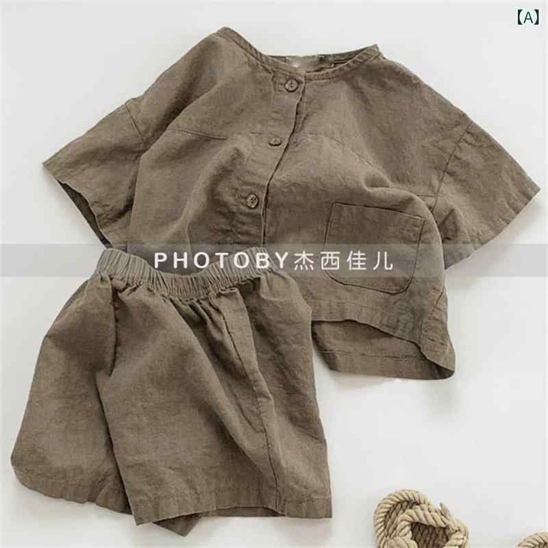 Top & Bottom Sets - 子供服 シャツ 短パン 上下セット キッズ 男の子 女の子 春夏 ゆったり 綿麻風 レトロ かわいい