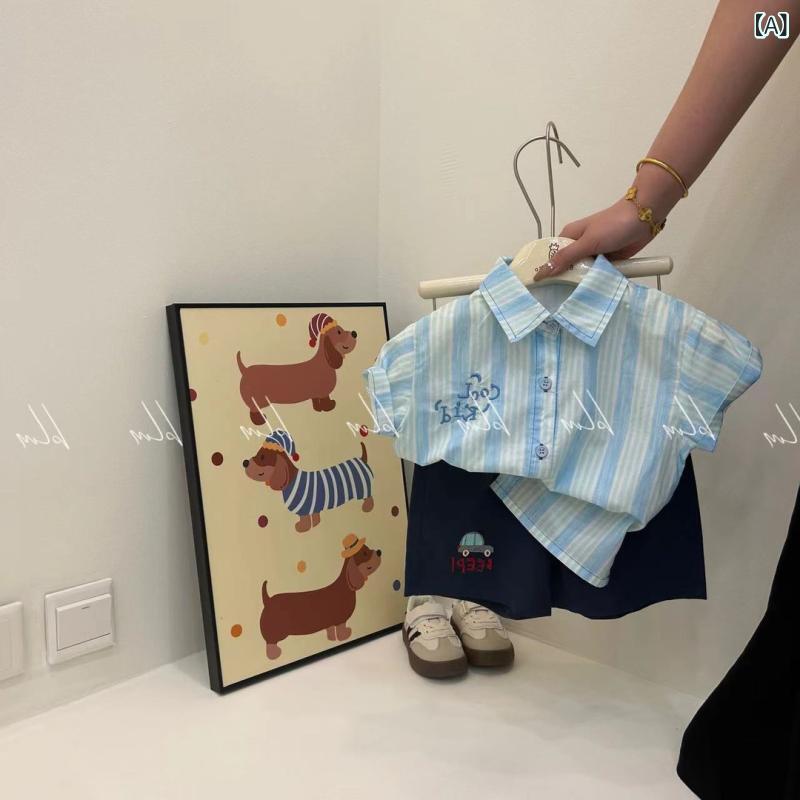 シャツ 子供用 半袖 格子柄 刺繍 ショートパンツ セットアップ 韓国風 小学生 幼稚園児 トップス ボトムス 春夏