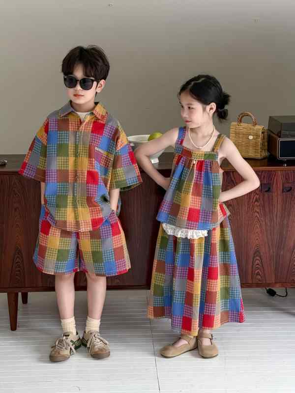 キッズ 子供服 春夏 チェック柄 シャツ ショートパンツ 吊りスカート 2点セット かわいい おしゃれ