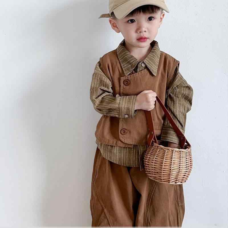 子供服 4歳 秋物 ストライプシャツ 春秋 レトロ ベスト おしゃれ 3点セット
