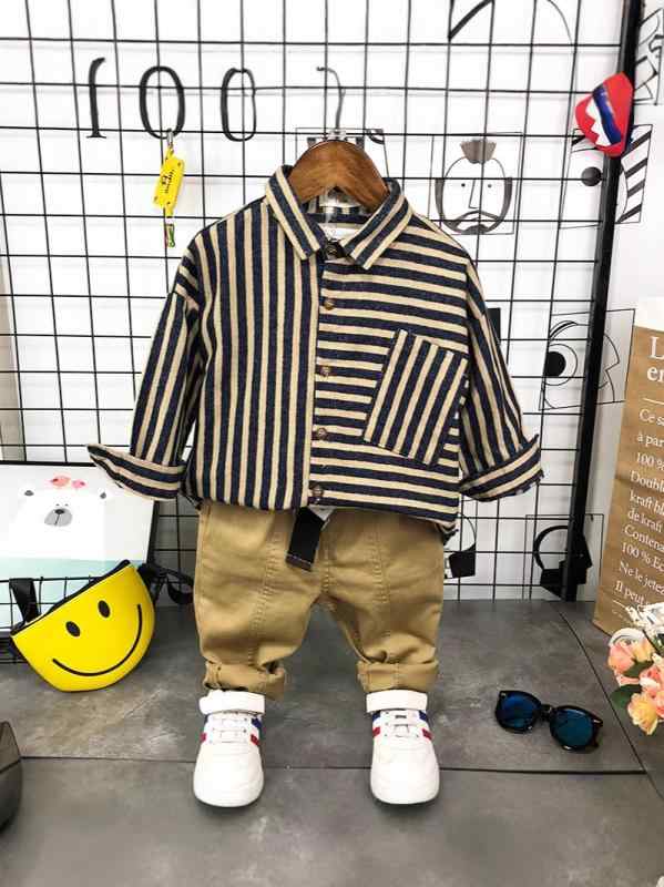 キッズ 長袖シャツ パンツ セット 春秋 ストライプ柄 カジュアル 2点セット 男の子 普段着